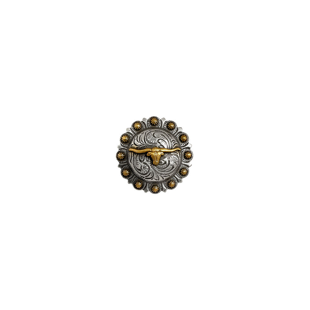 Decorative concho with longhorn design on a white background