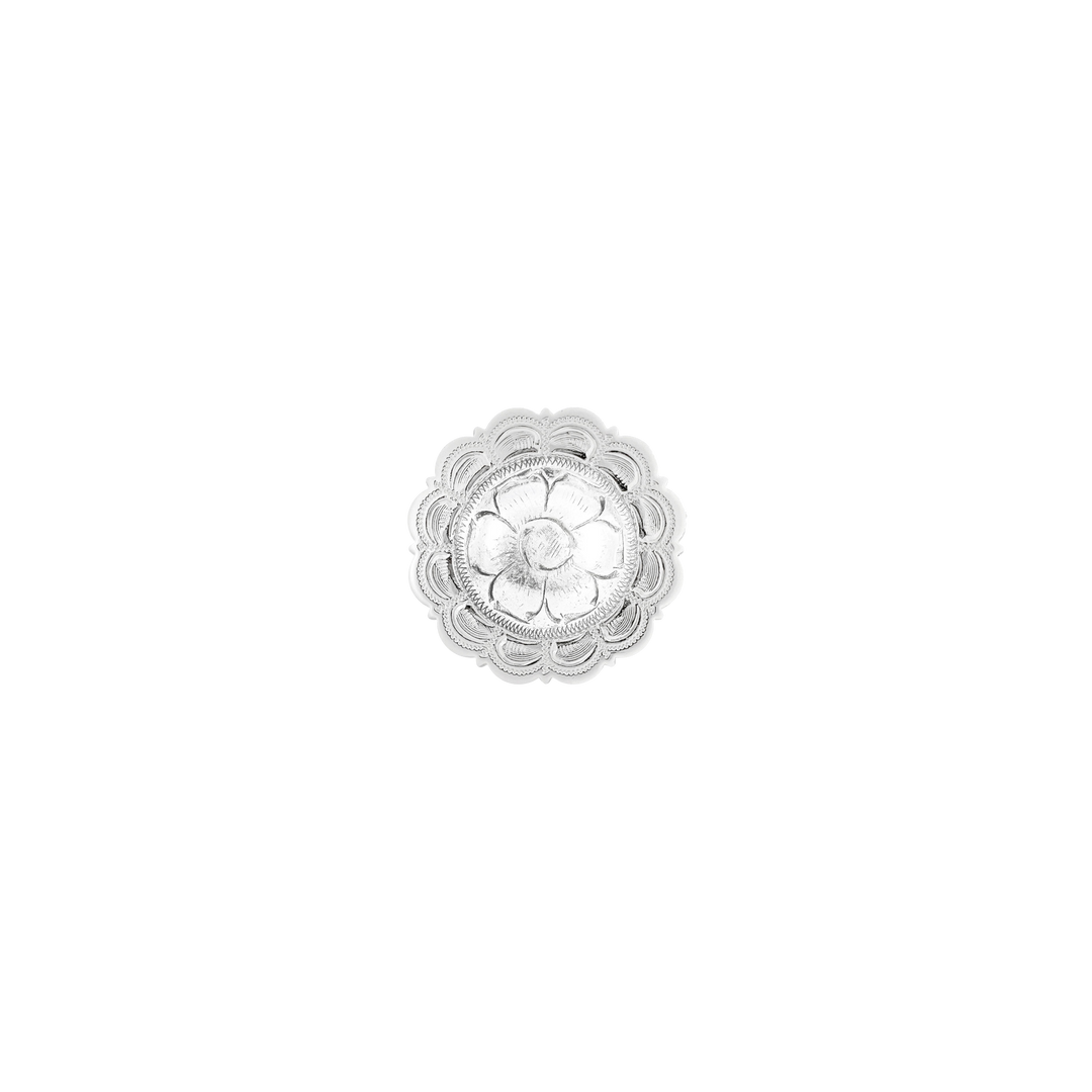 Silver floral concho on a white background