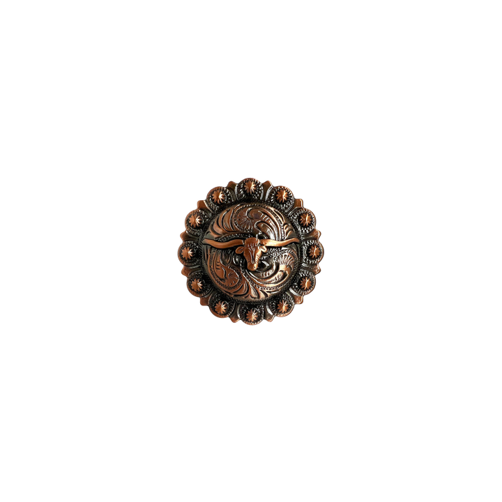 Decorative metal concho for leather belt with intricate design on a white background