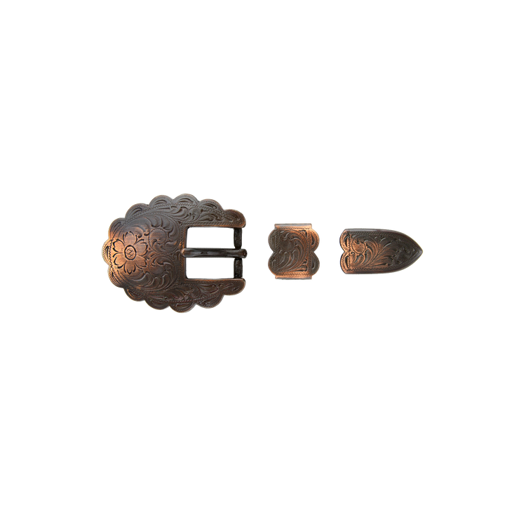 3/4 inch Copper Western 3-Piece Floral Belt Buckle Set