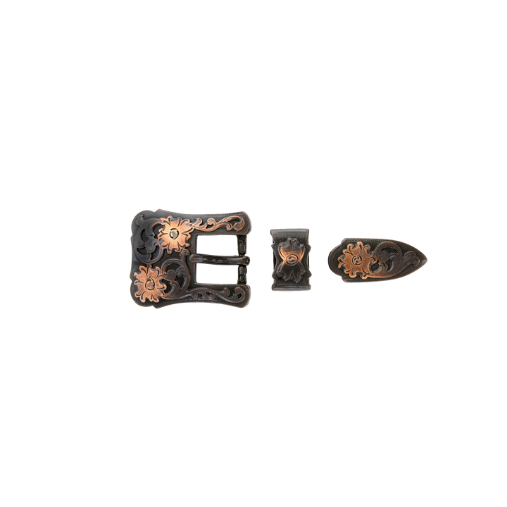 3/4 inch Black & Copper Western Floral Belt Buckle Set