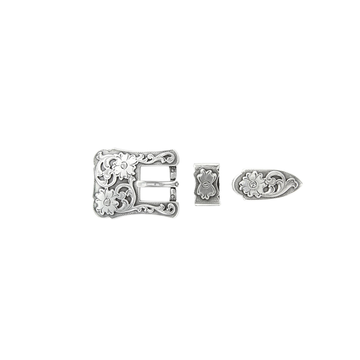 3/4 inch Silver Western Floral Belt Buckle Set