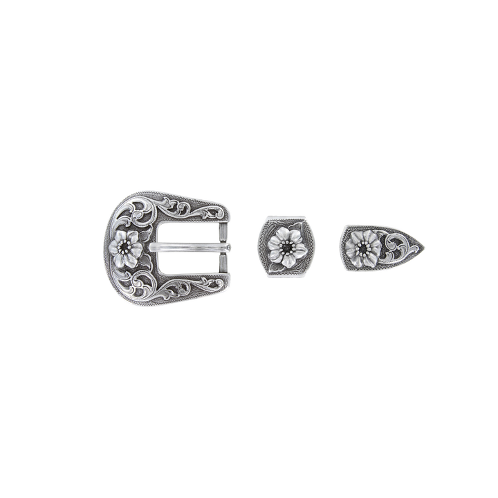 3/4 inch Silver Western Floral Belt Buckle Set
