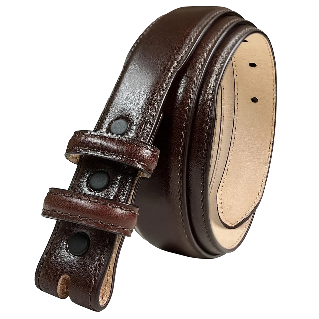Brown leather belt with a buckle on a white background