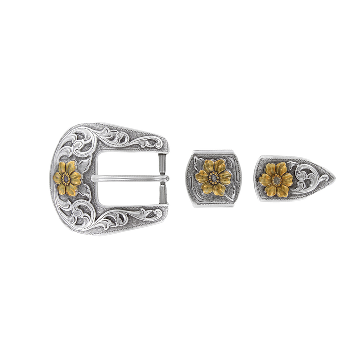 1 inch Floral Western 3-Piece Belt Buckle Set – Silver & Gold