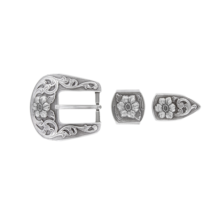 1 inch Floral Western 3-Piece Belt Buckle Set – Silver