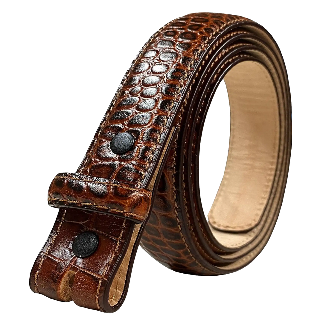 Brown leather belt with embossed texture on a white background