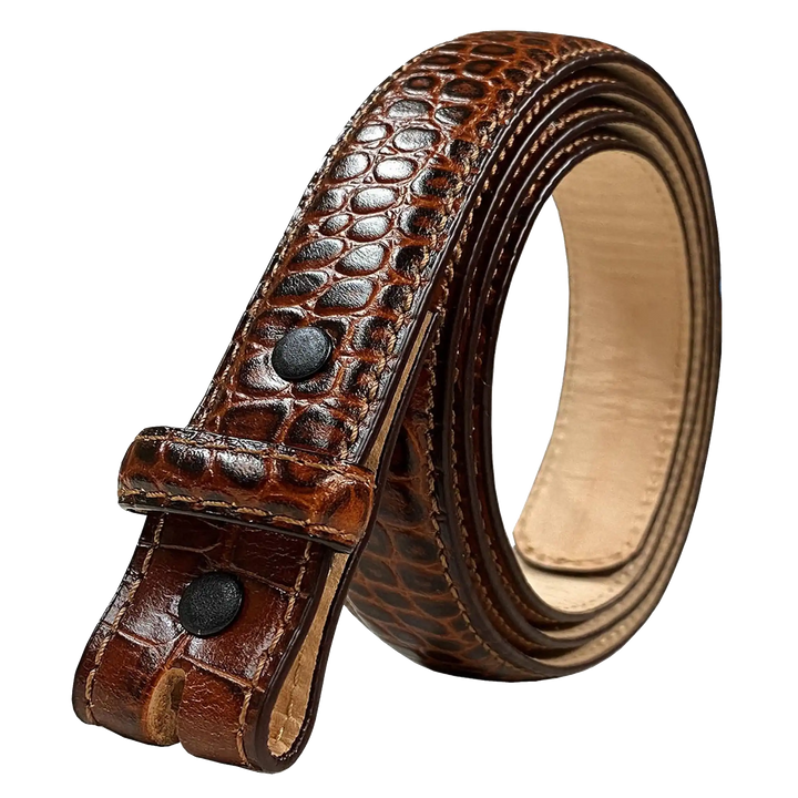 Brown leather belt with embossed texture on a white background
