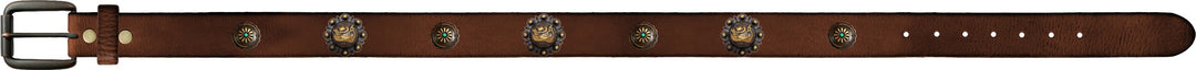 A brown leather western belt with a silver-tone metal buckle and multiple decorative silver conchos along the strap, shown against a plain white background.