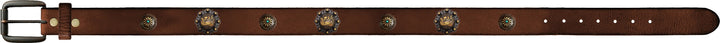 A brown leather western belt with a silver-tone metal buckle and multiple decorative silver conchos along the strap, shown against a plain white background.