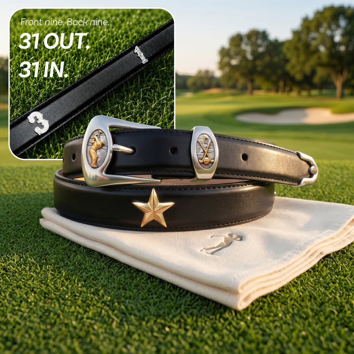 A black leather golf belt with a gold star and shield buckle, displayed on a white golf towel on a golf course. An inset image in the top-left shows a close-up of the belt strap with text reading 'Front nine, Back nine, 31 OUT.