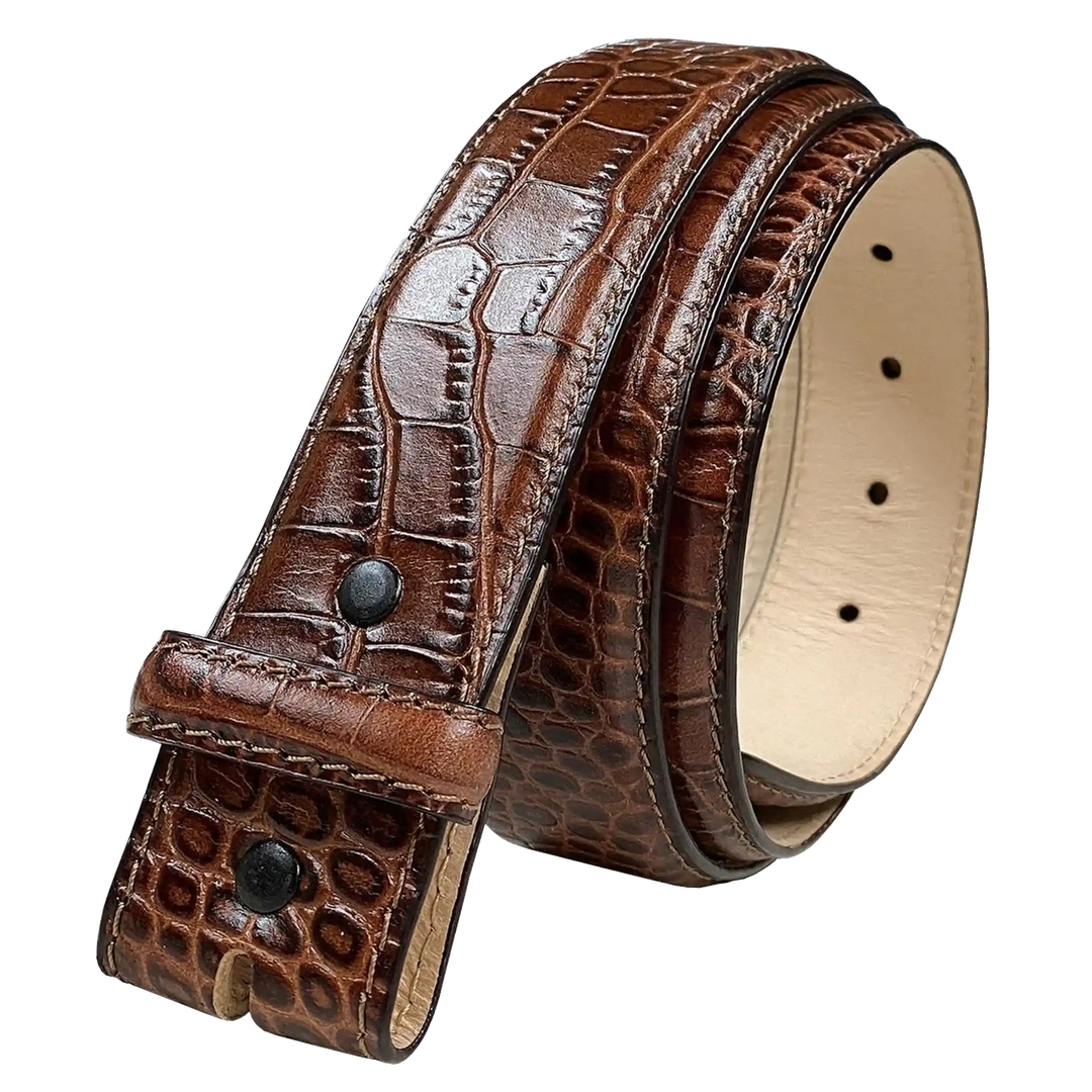 Brown leather belt with embossed pattern on a white background