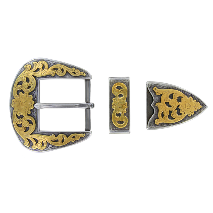 1-1/2 inch Antique Silver & Gold Engraved Western Belt Buckle Set