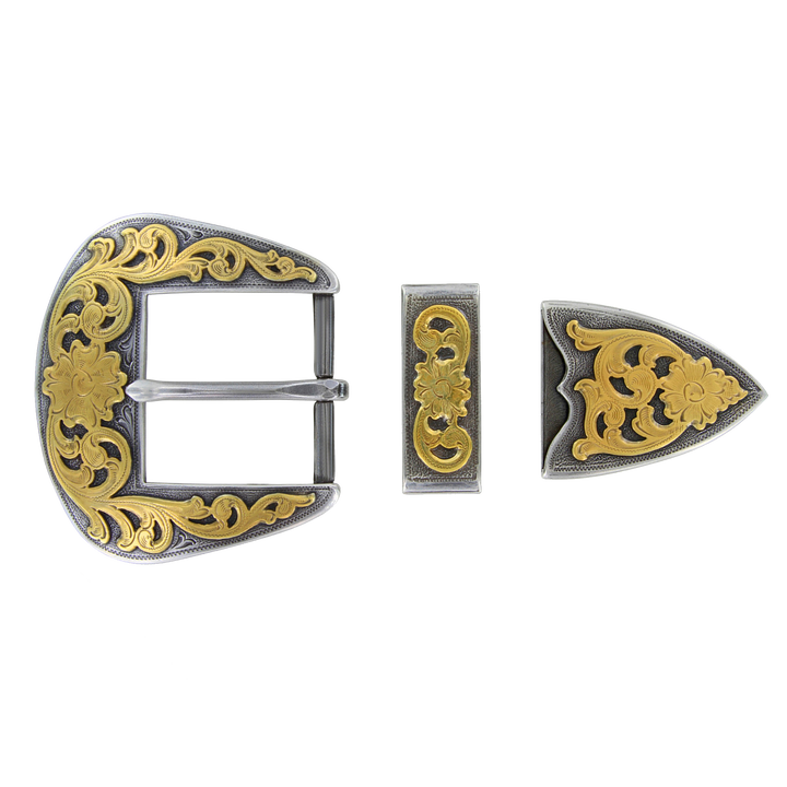 1-1/2 inch Antique Silver & Gold Engraved Western Belt Buckle Set