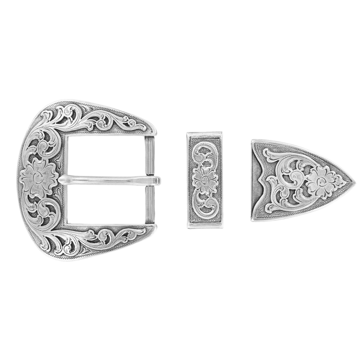 1-1/2 inch Engraved Silver Western Belt Buckle Set