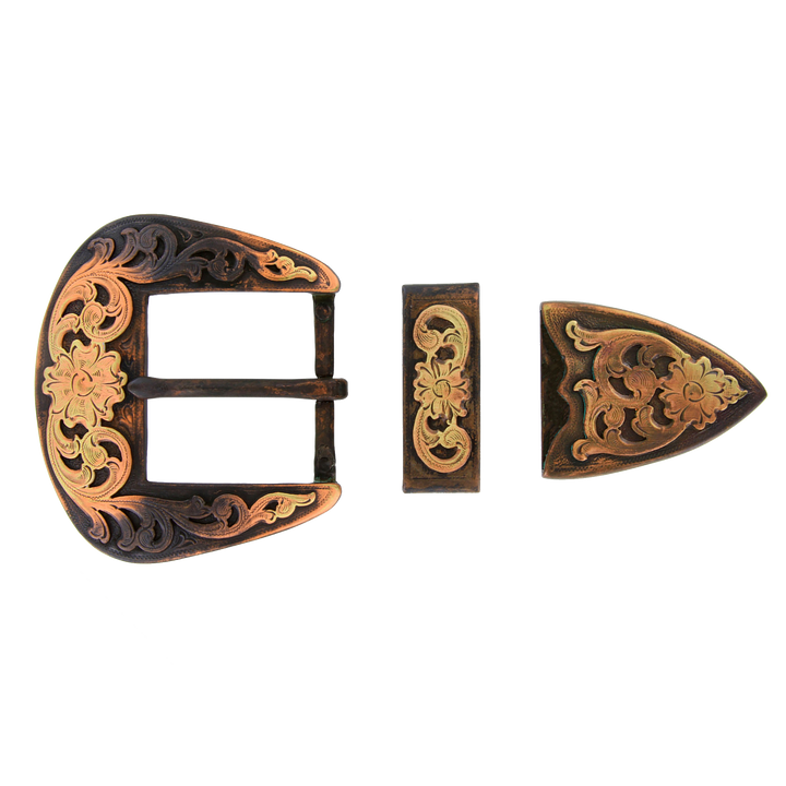 1-1/2 inch Engraved Bronze and Copper Western Belt Buckle Set