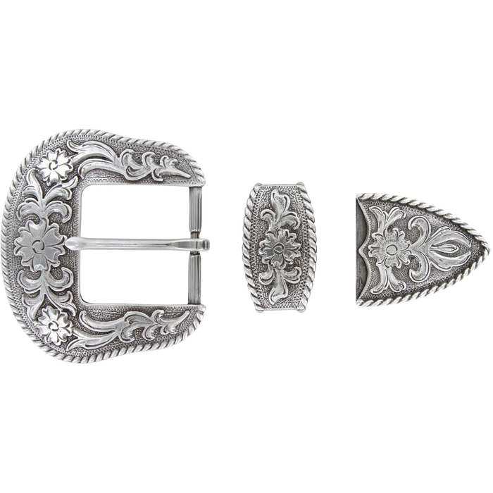 1-1/2 inch Decorative Silver Floral Western Belt Buckle Set