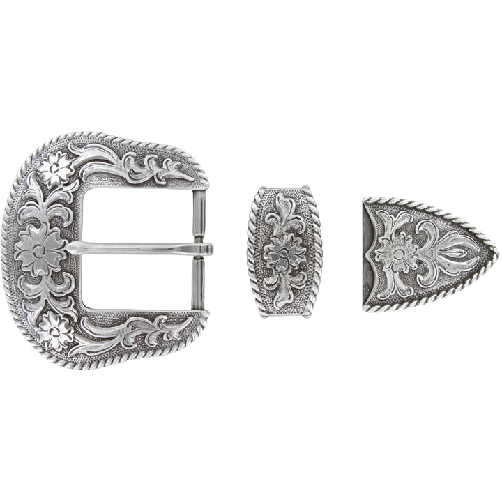 1-1/2 inch Decorative Silver Floral Western Belt Buckle Set