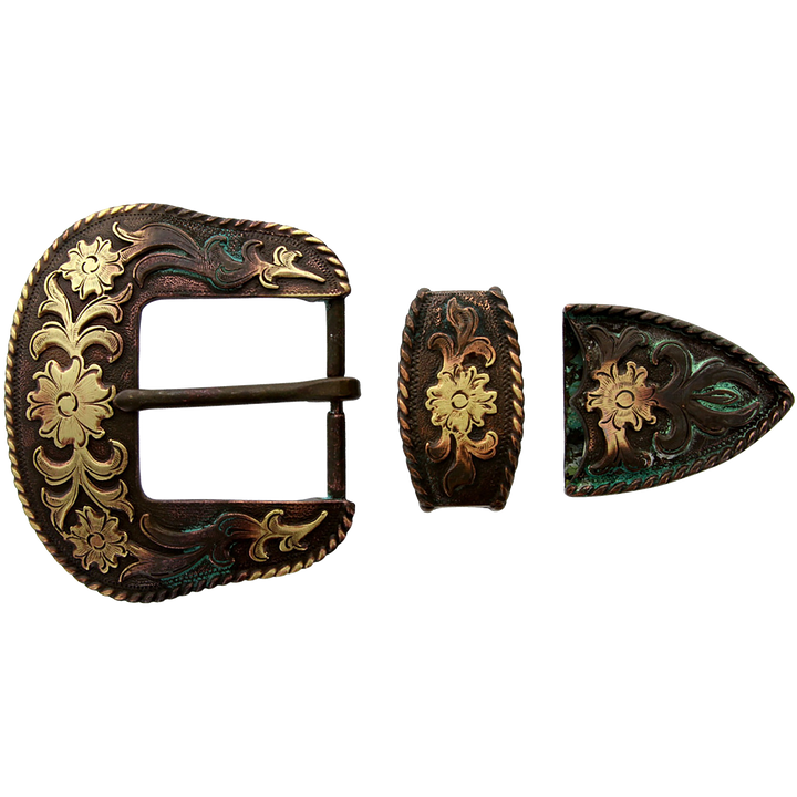 1-1/2 inch Rustic Bronze and Gold Western Belt Buckle Set