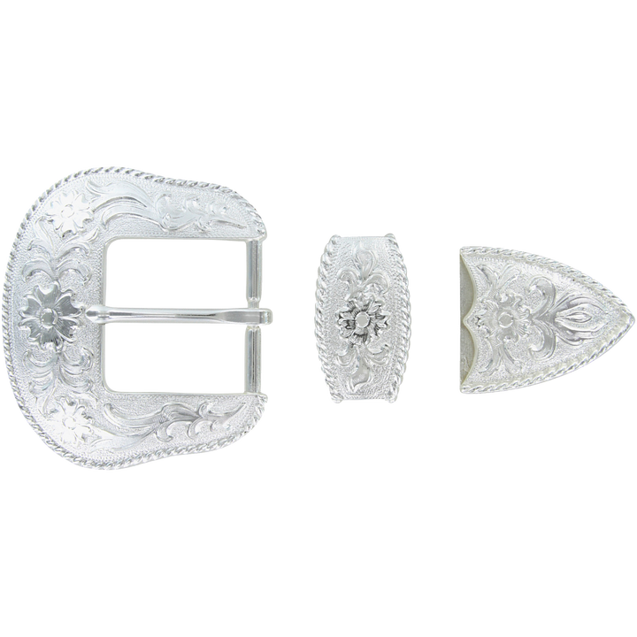 1-1/2 inch Silver Floral Engraved Western Belt Buckle Set