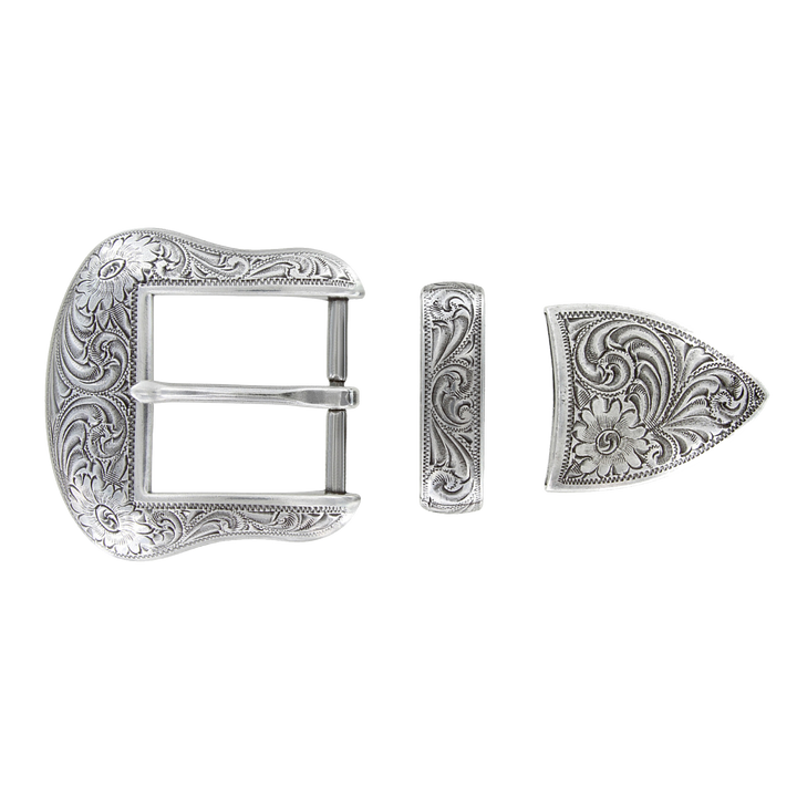 1-1/2 inch Ornate Silver Floral Western Belt Buckle Set