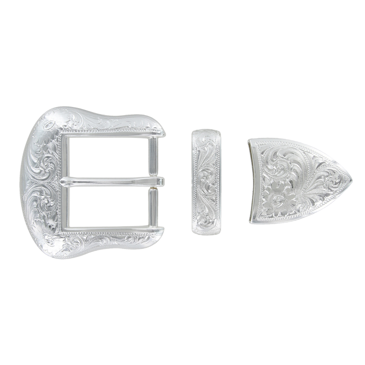 1-1/2 inch Silver Floral Engraved Belt Buckle Set