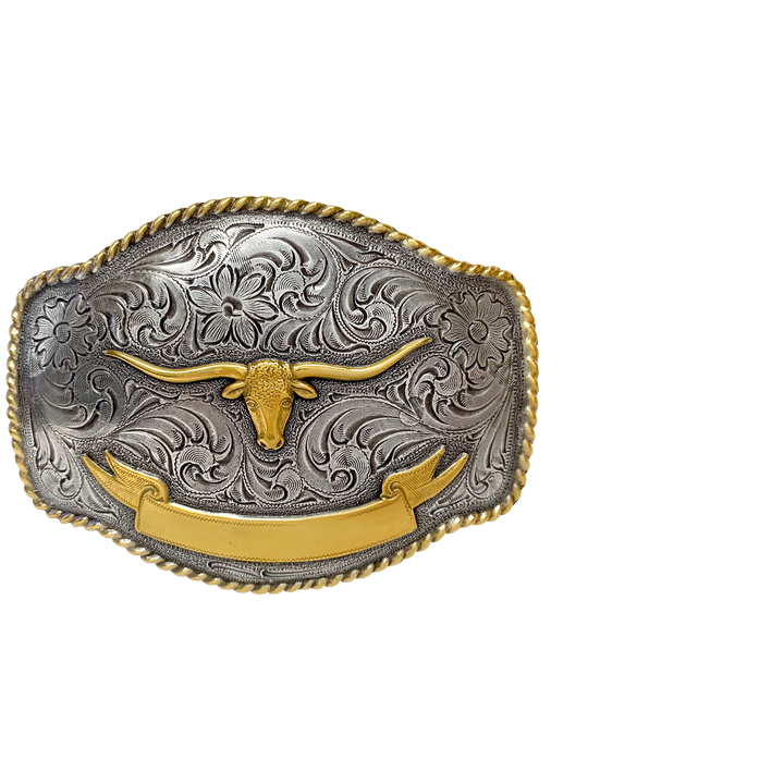 1-1/2 inch Longhorn Cowboy Belt Buckle with Gold Accent