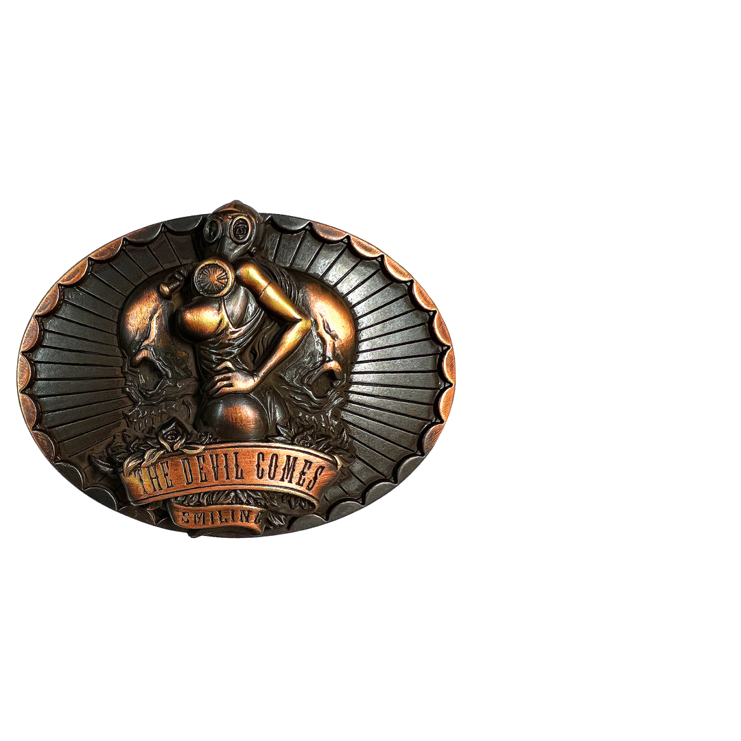 1-1/2 inch The Devil Comes Smiling Skull Figure Belt Buckle