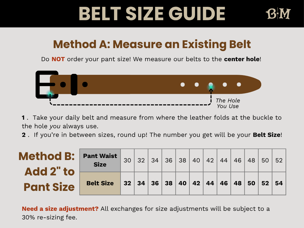 Belt measurement diagram showing how to measure from buckle fold to center hole