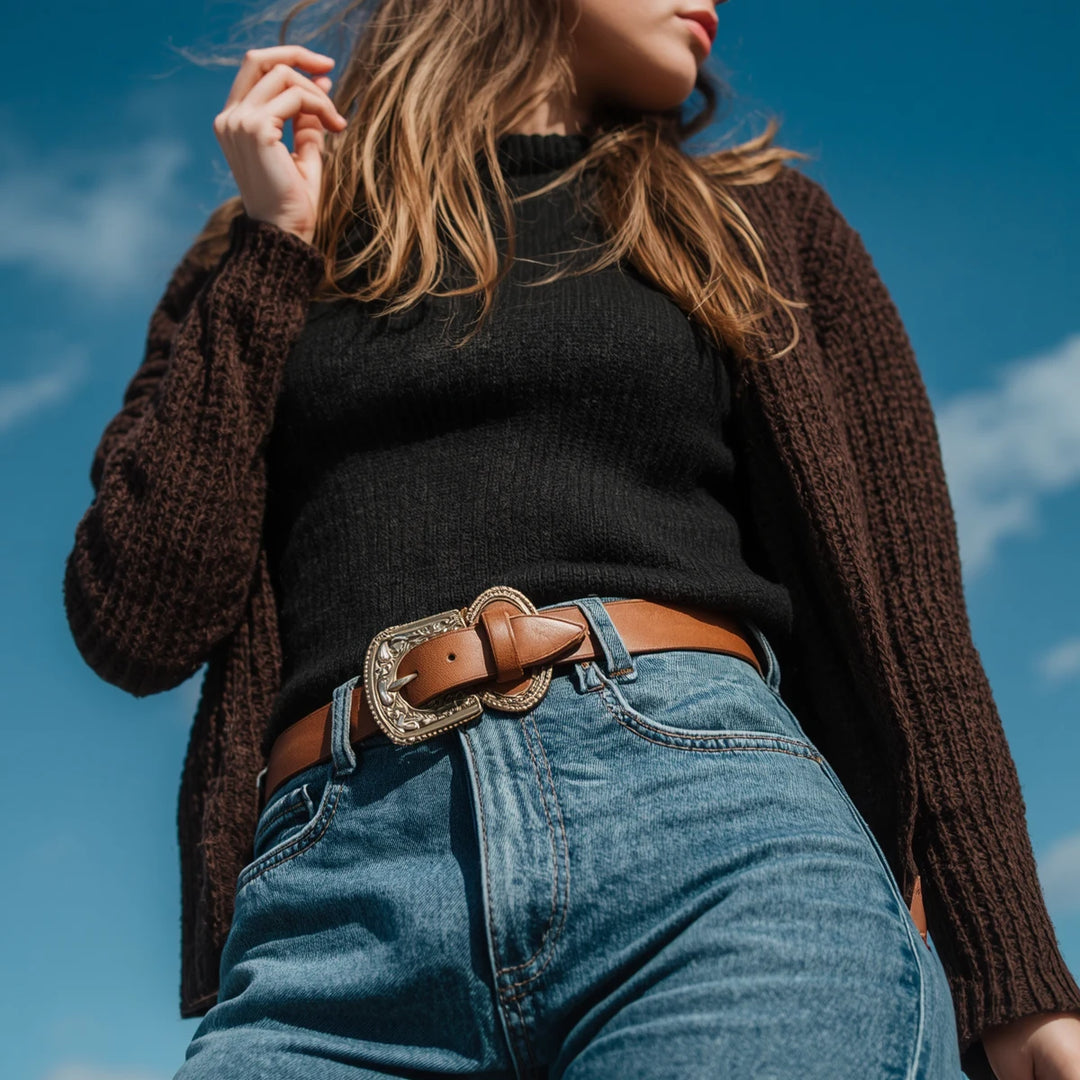 Woman wearing brown western belt