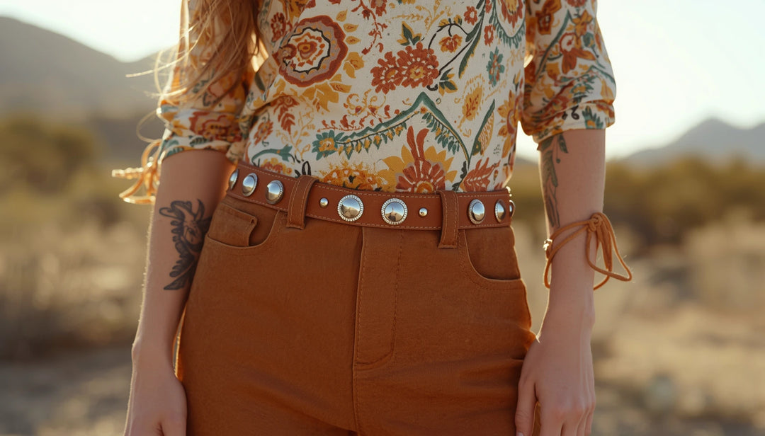 Woman wearing studded leather belt.