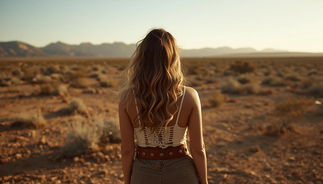 Woman standing in a desert landscape with leather studded belt